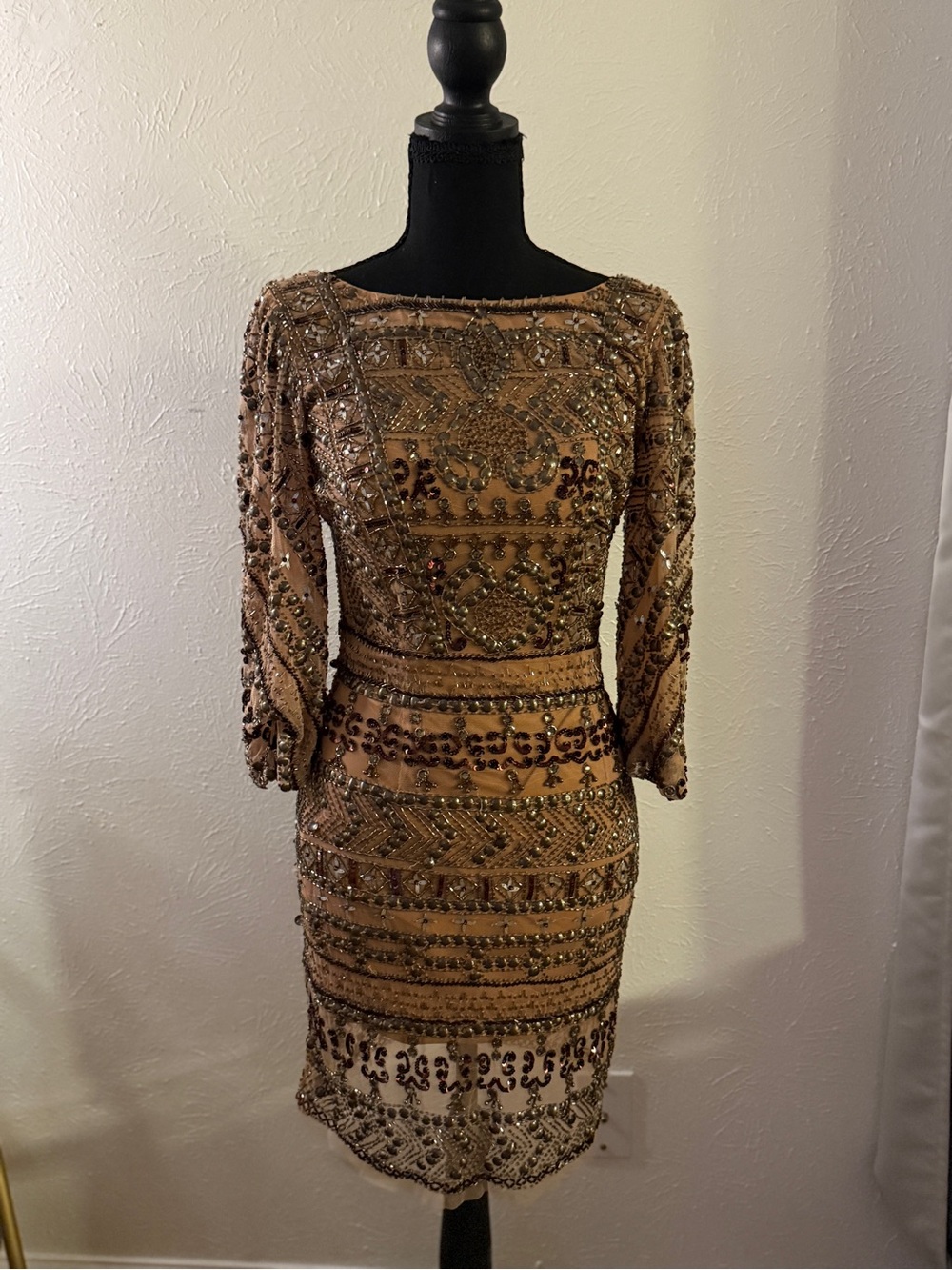 Aiden Mattox Gold Beaded Midi Dress with Three-Quarter Sleeves